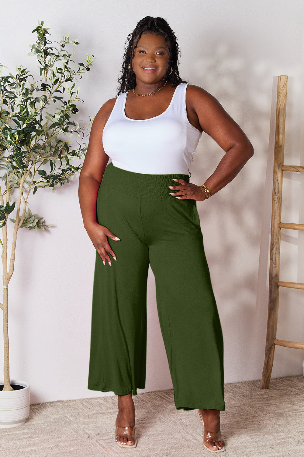 Smocked wide waistband wide leg pants, opaque.