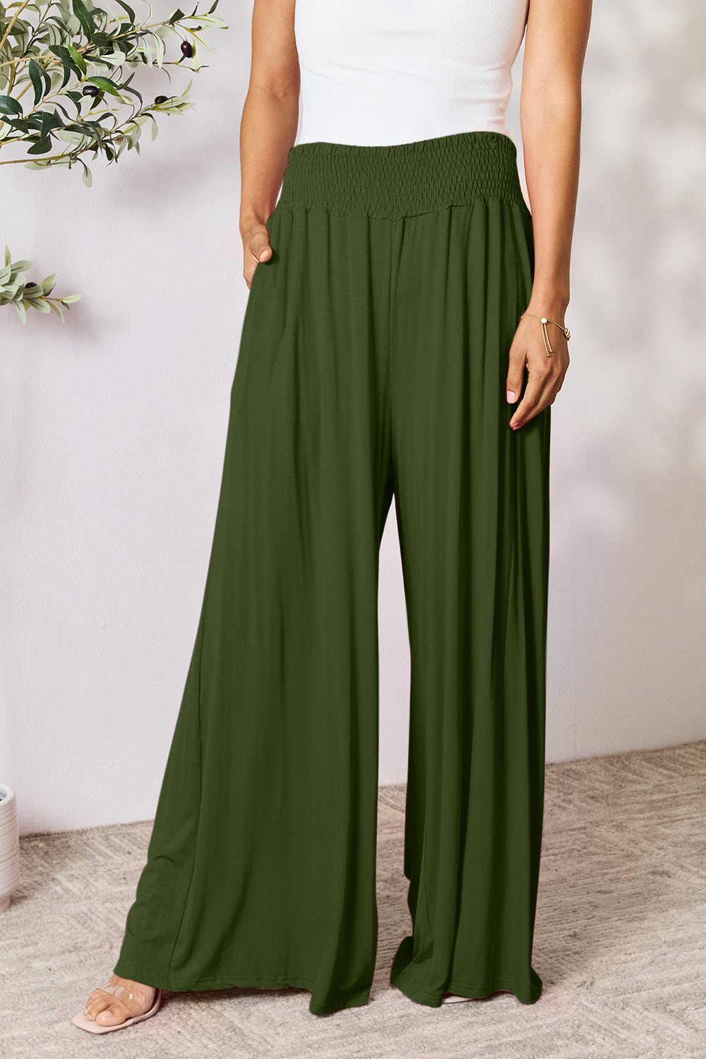 Smocked wide waistband wide leg pants, opaque.