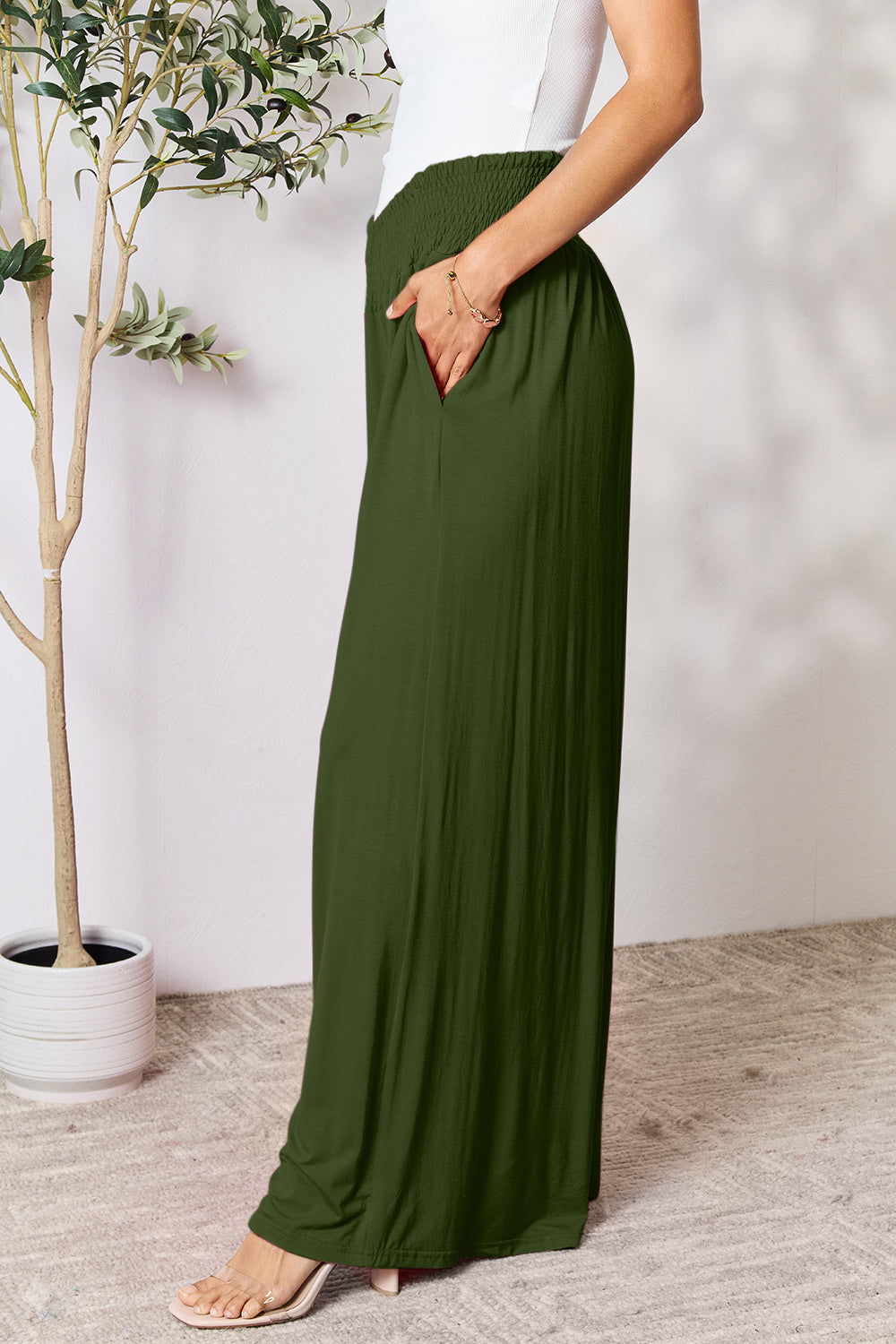 Smocked wide waistband wide leg pants, opaque.