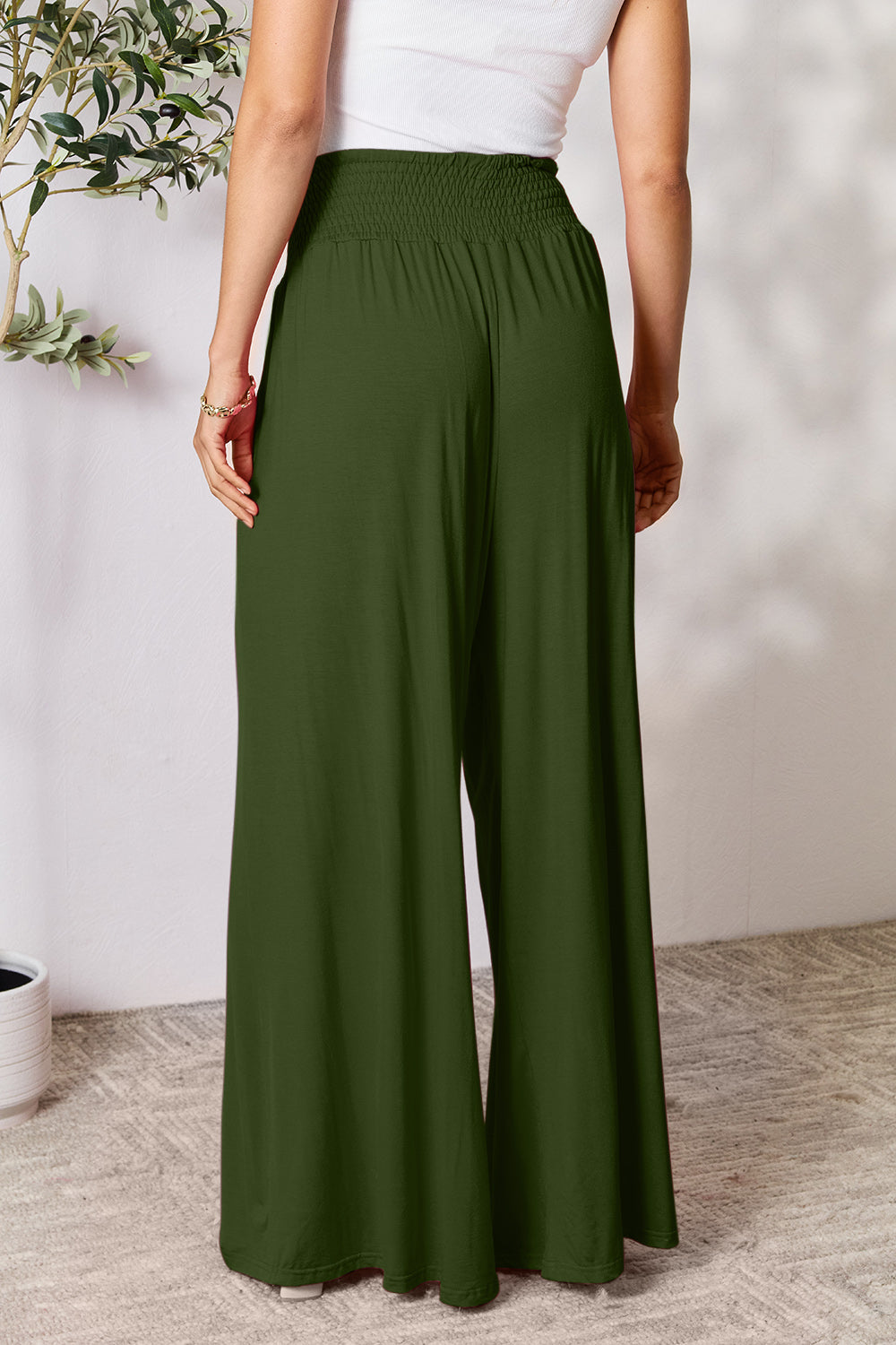 Smocked wide waistband wide leg pants, opaque.