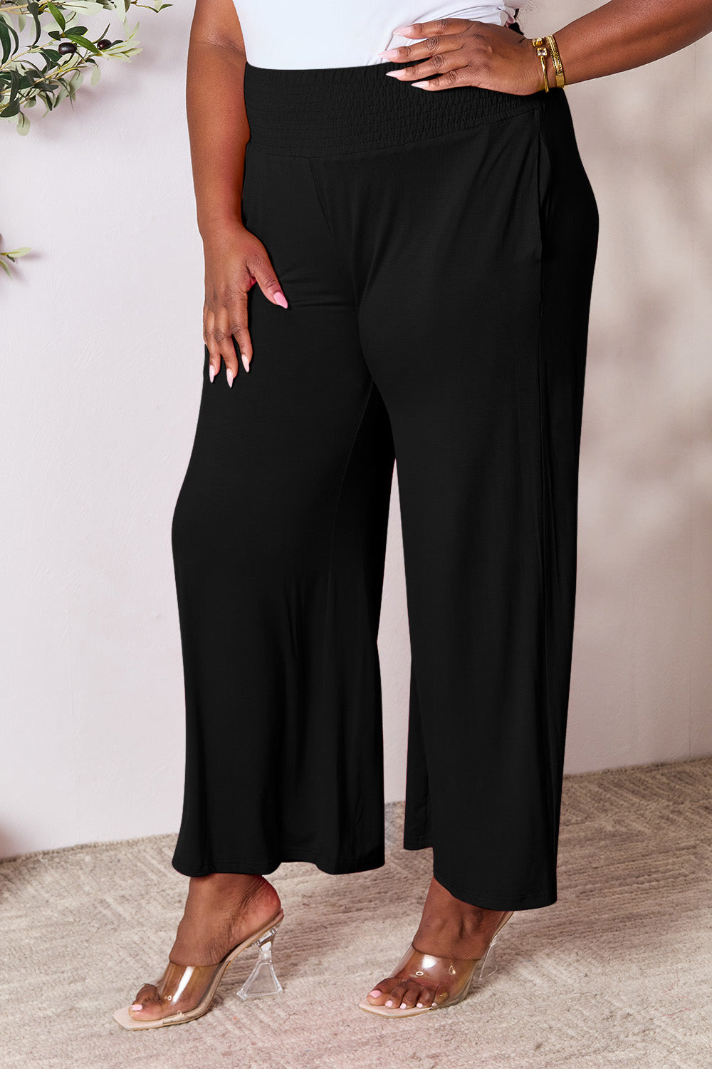 Smocked wide waistband wide leg pants, opaque.