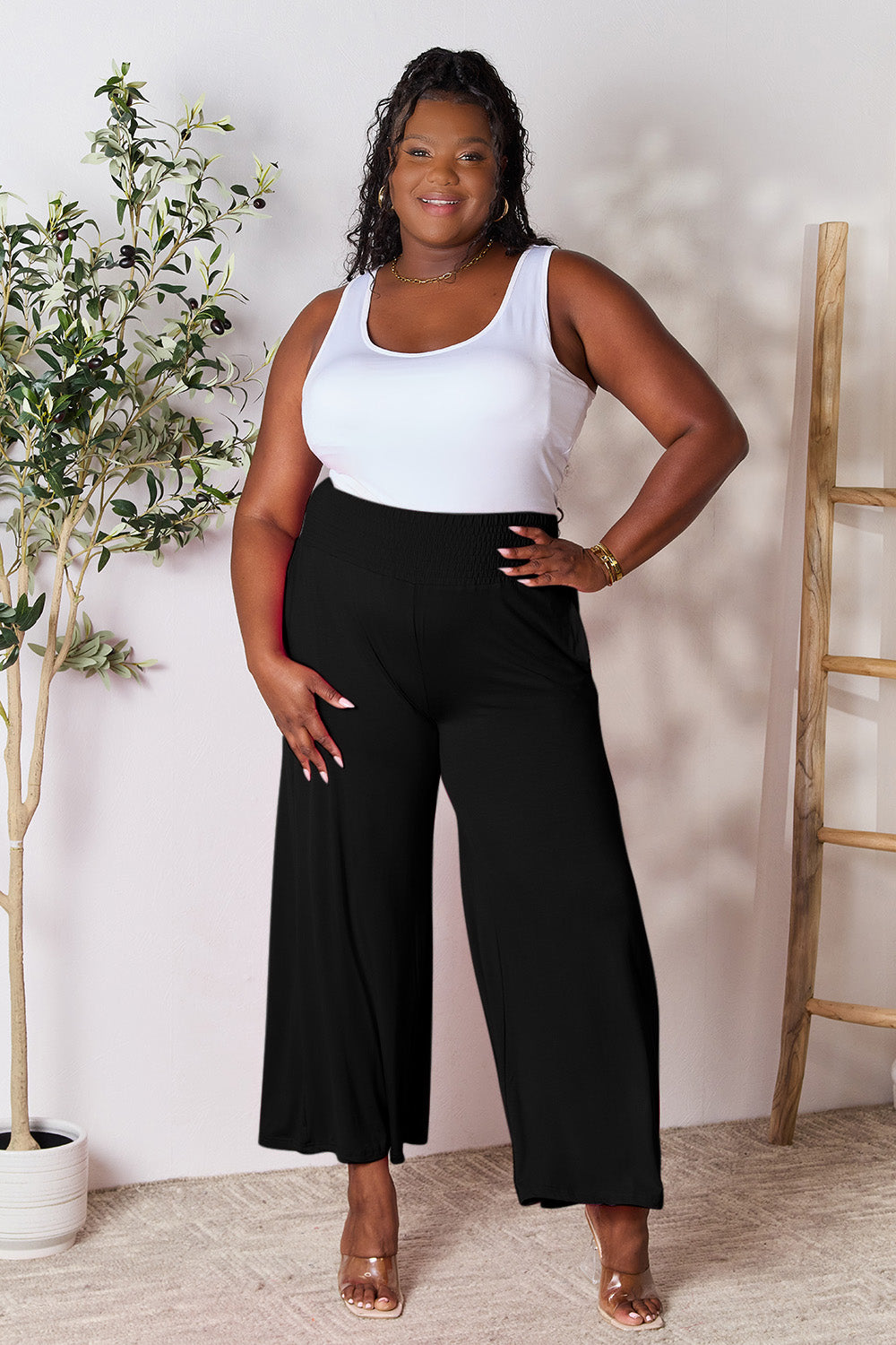 Smocked wide waistband wide leg pants, opaque.