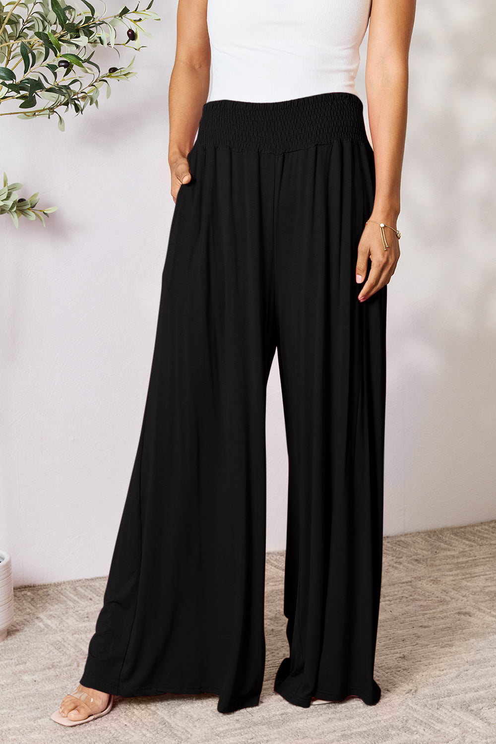 Smocked wide waistband wide leg pants, opaque.