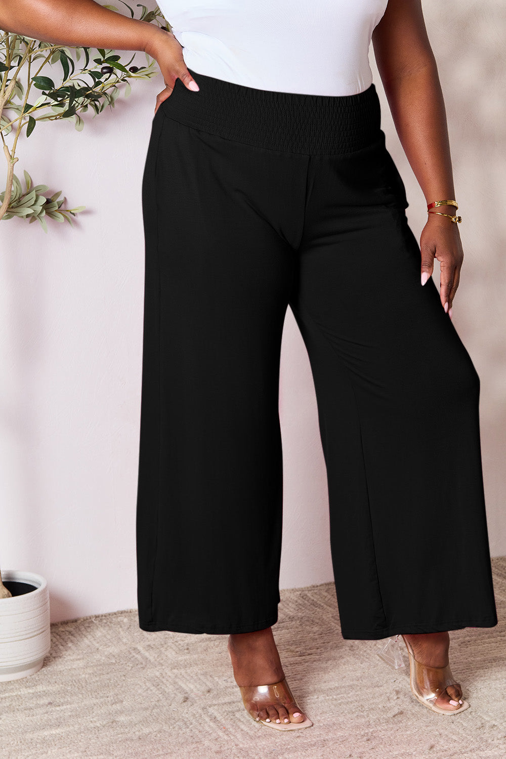 Smocked wide waistband wide leg pants, opaque.