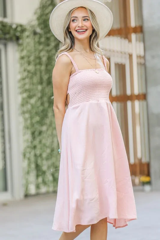 And The Why Smocking Open-Back Sleeveless Midi Dress.