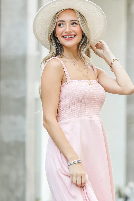 And The Why Smocking Open-Back Sleeveless Midi Dress.