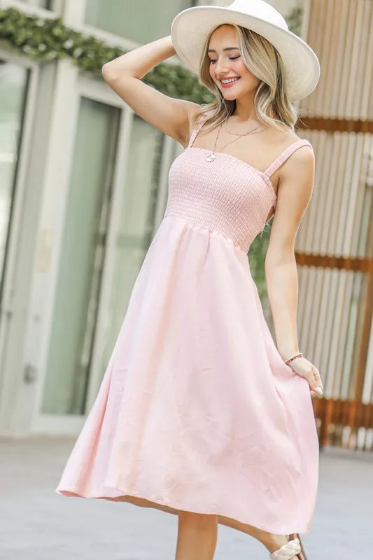 And The Why Smocking Open-Back Sleeveless Midi Dress.