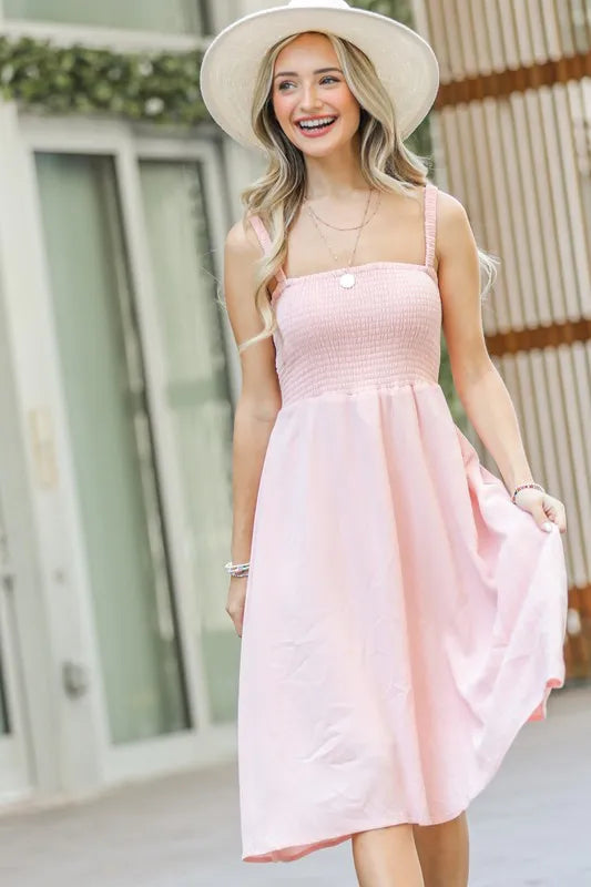 And The Why Smocking Open-Back Sleeveless Midi Dress.
