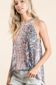 Snakeskin print low gauge Hacci knit halter, slightly stretchy.