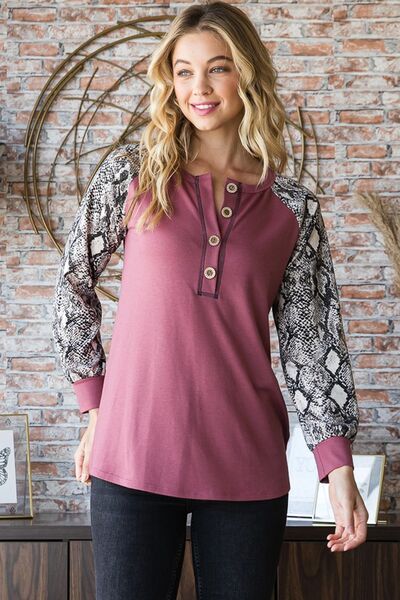 Snakeskin Print Raglan Sleeve Half Button Top