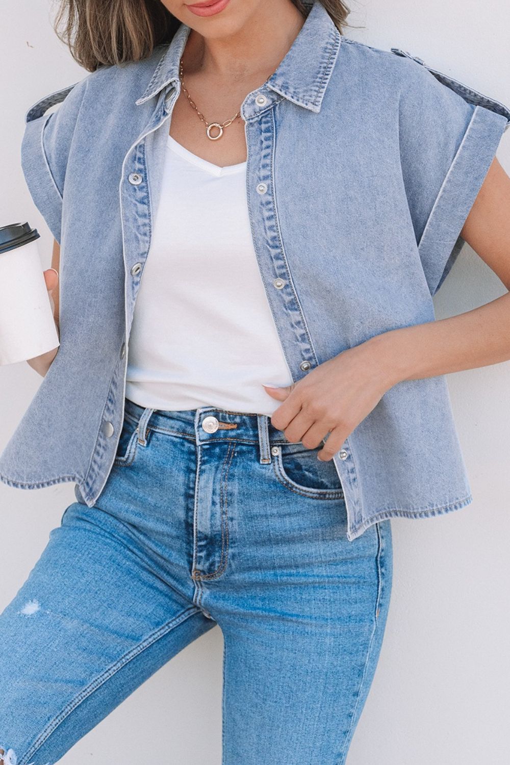 Snap Down Cap Sleeve Denim Top.