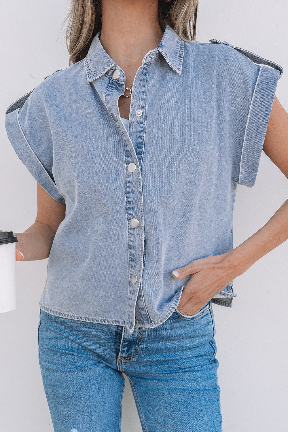 Snap Down Cap Sleeve Denim Top.