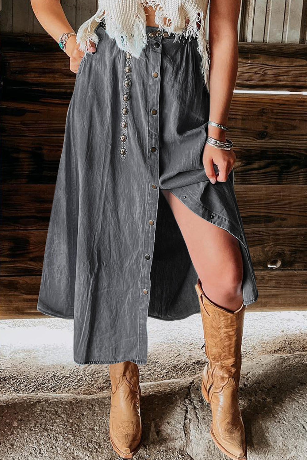 Snap Down High Waist Denim Skirt.
