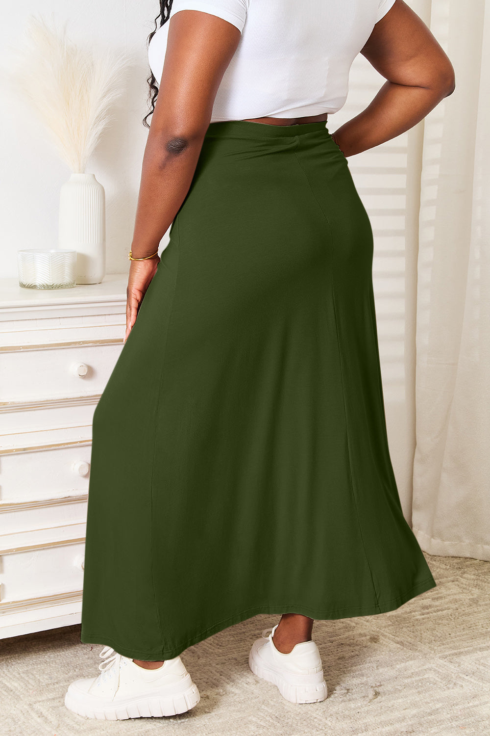 Double Take Soft Rayon Drawstring Waist Maxi Skirt.