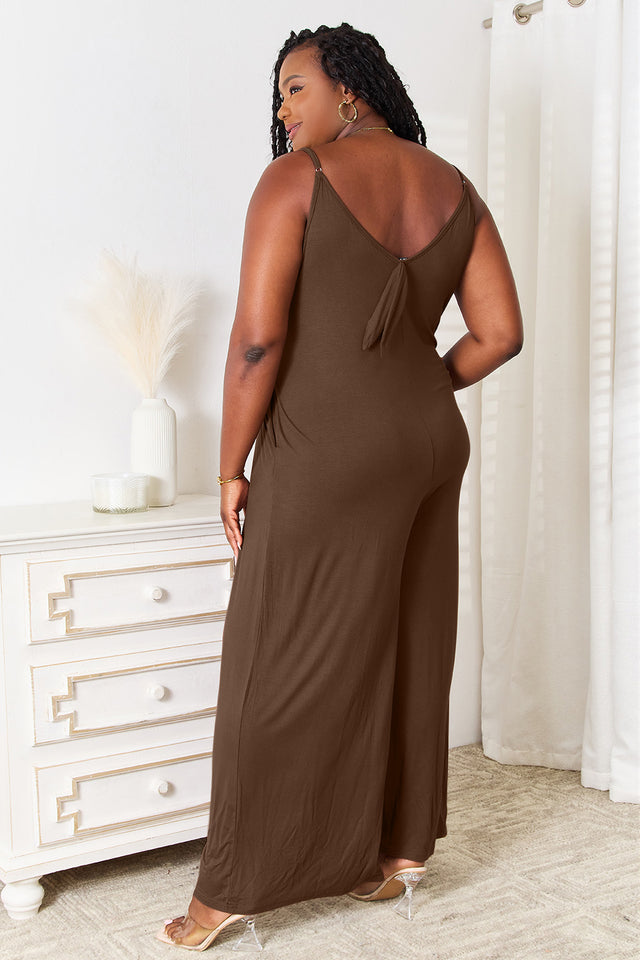 Soft Rayon Spaghetti Strap Tied Wide Leg Jumpsuit with Pockets.
