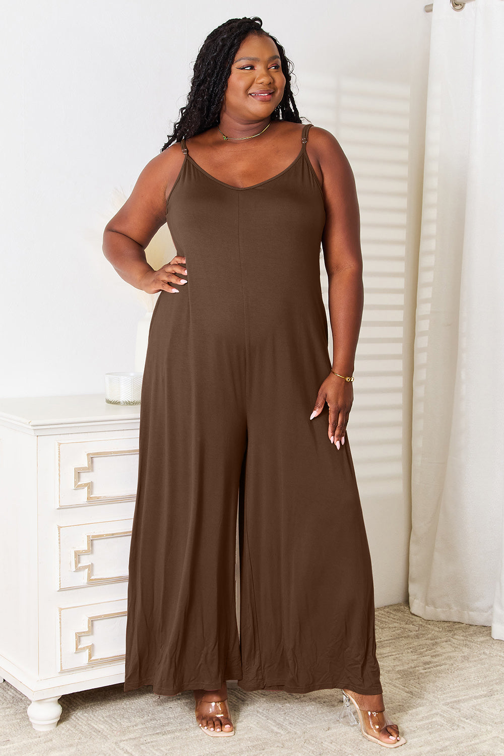 Soft Rayon Spaghetti Strap Tied Wide Leg Jumpsuit with Pockets.