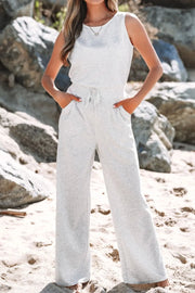 Solid Color Crew Neck Drawstring High Waist Sleeveless Jumpsuit