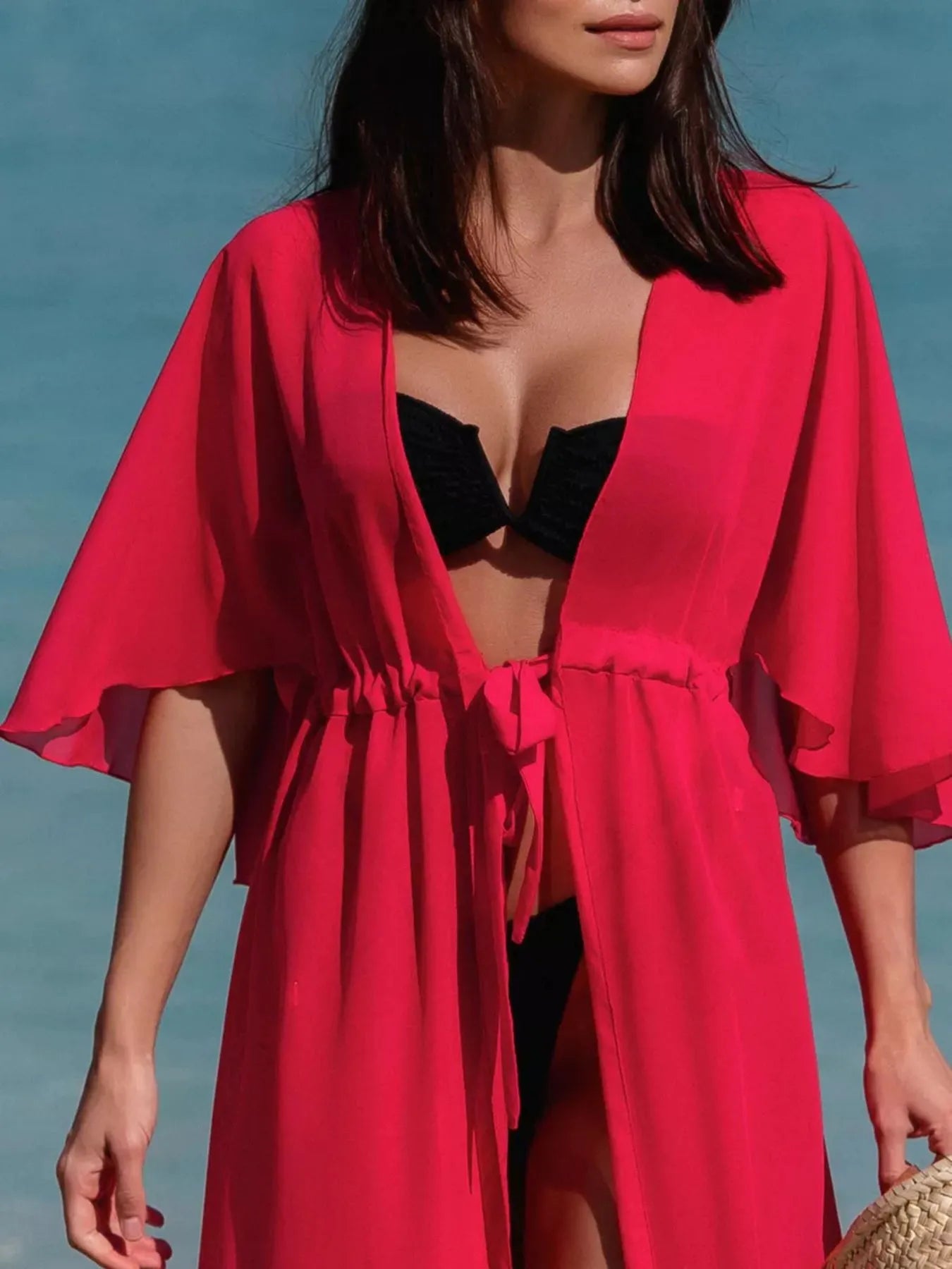 Solid Color Flutter Sleeve Cover-Up with Tie.