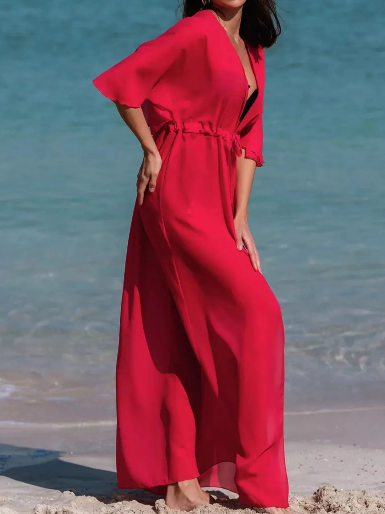 Solid Color Flutter Sleeve Cover-Up with Tie.