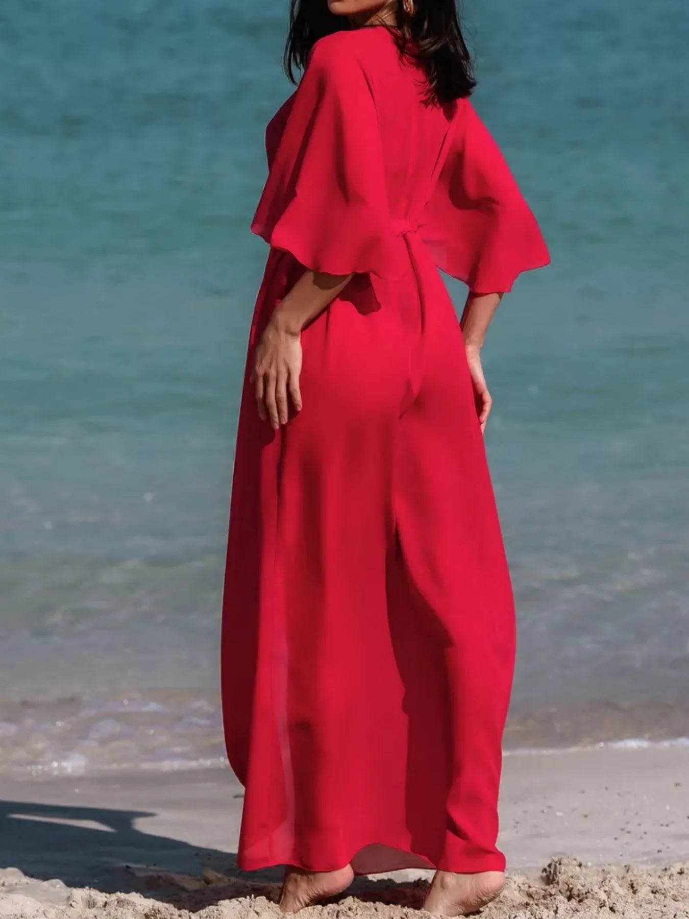 Solid Color Flutter Sleeve Cover-Up with Tie.