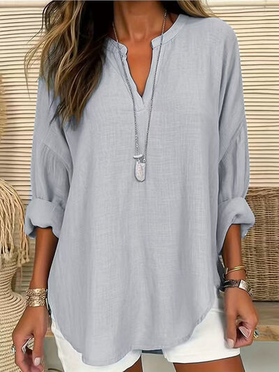 Solid Color Notched Long Sleeve Blouse.