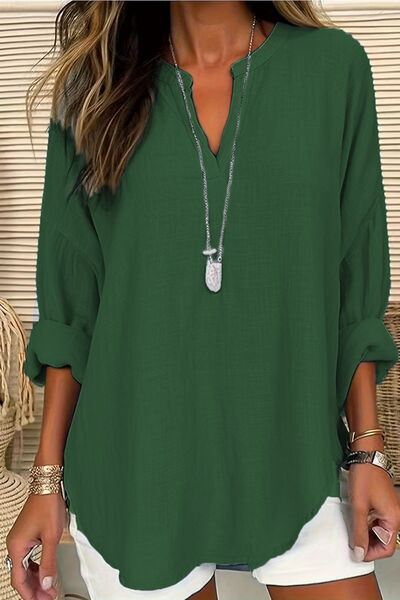 Solid Color Notched Long Sleeve Blouse.