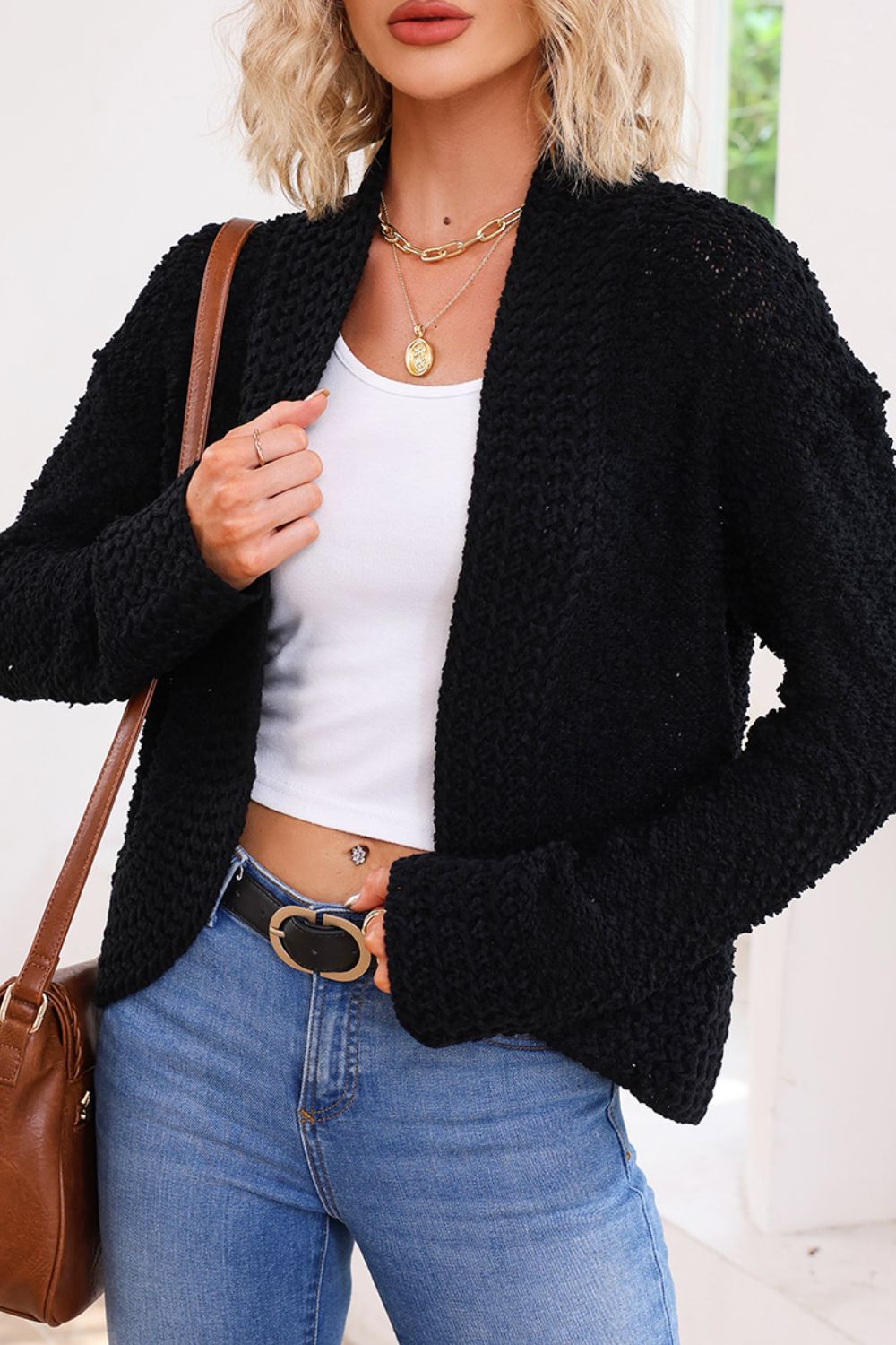 Solid color open front cardigan.
