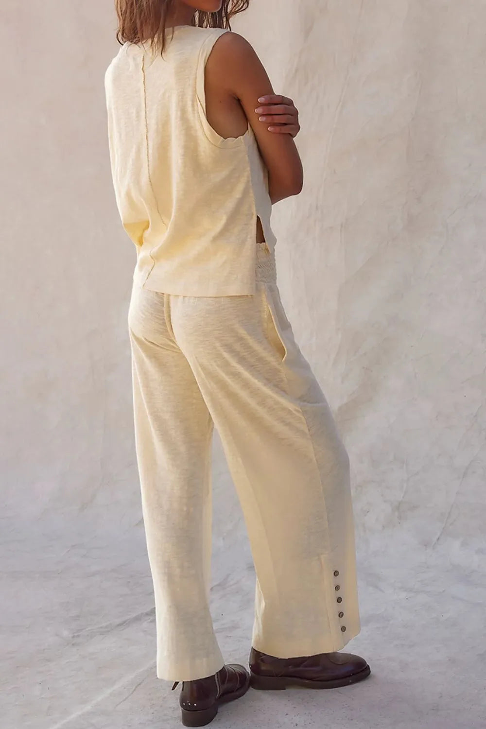 Solid Color Tank Top and Smocked Waist Pants Set.