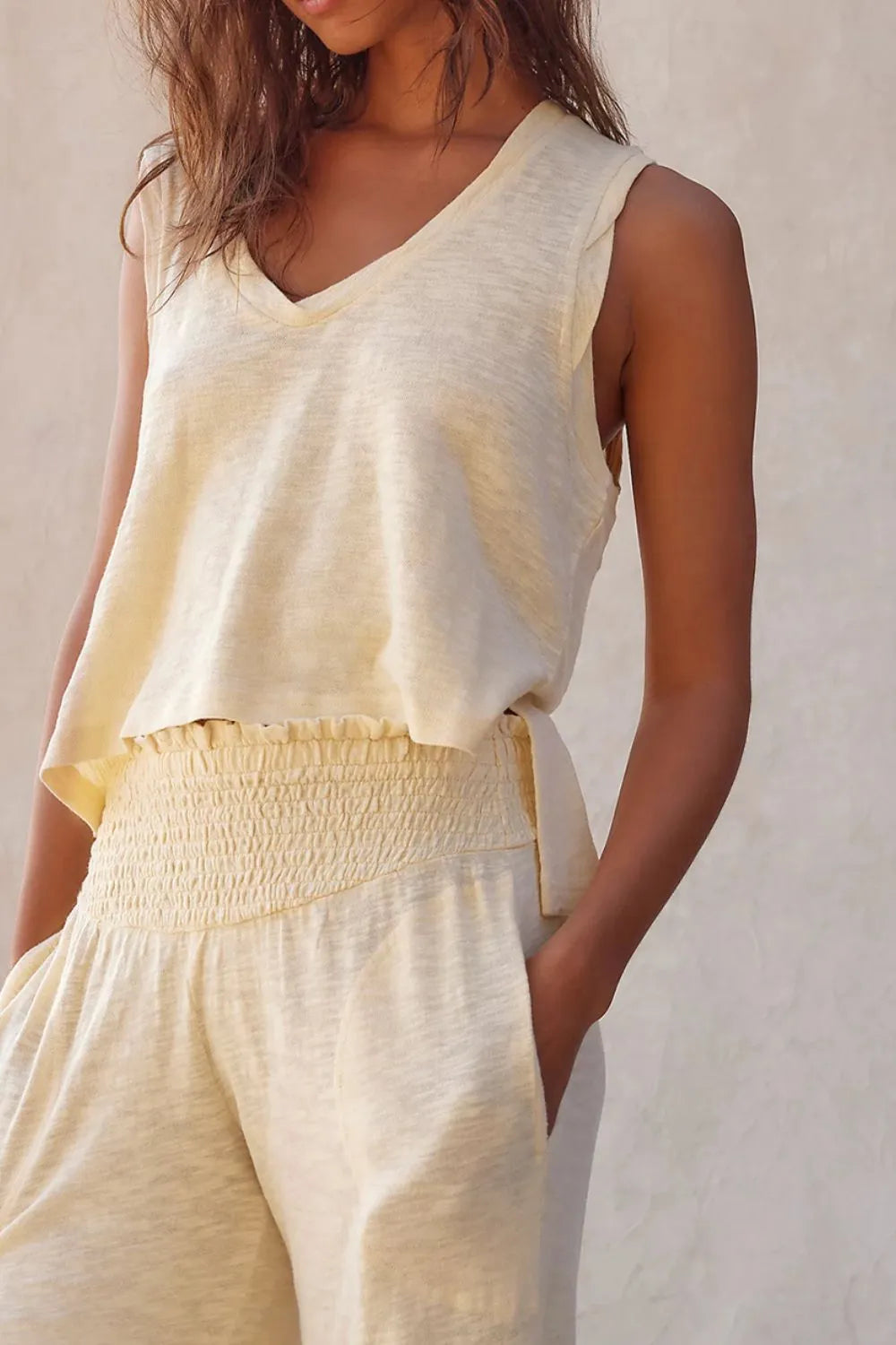 Solid Color Tank Top and Smocked Waist Pants Set.