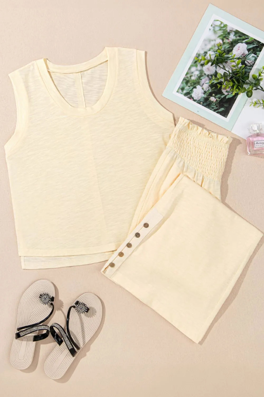 Solid Color Tank Top and Smocked Waist Pants Set.