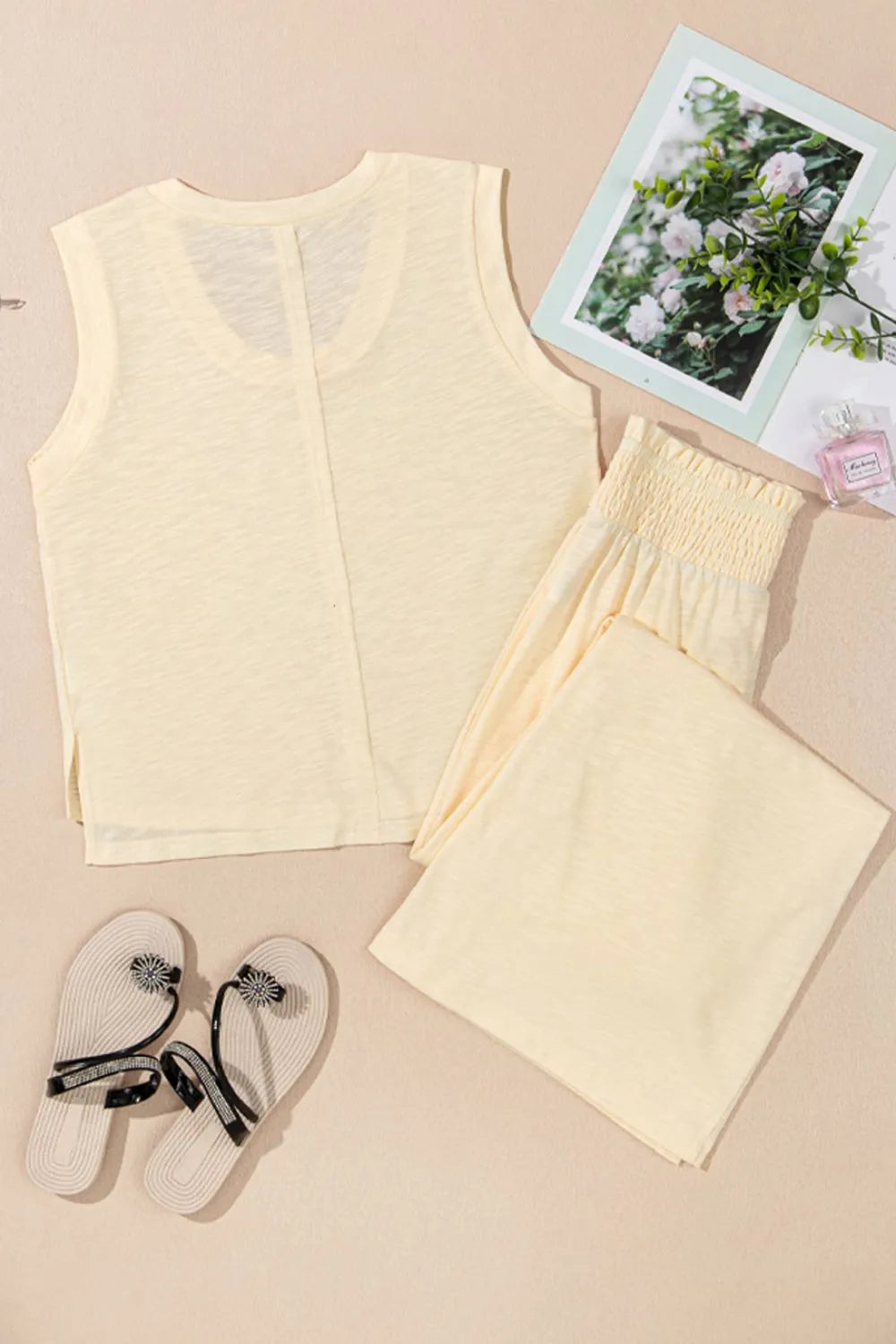 Solid Color Tank Top and Smocked Waist Pants Set.