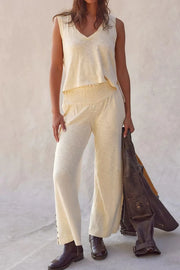 Solid Color Tank Top and Smocked Waist Pants Set.