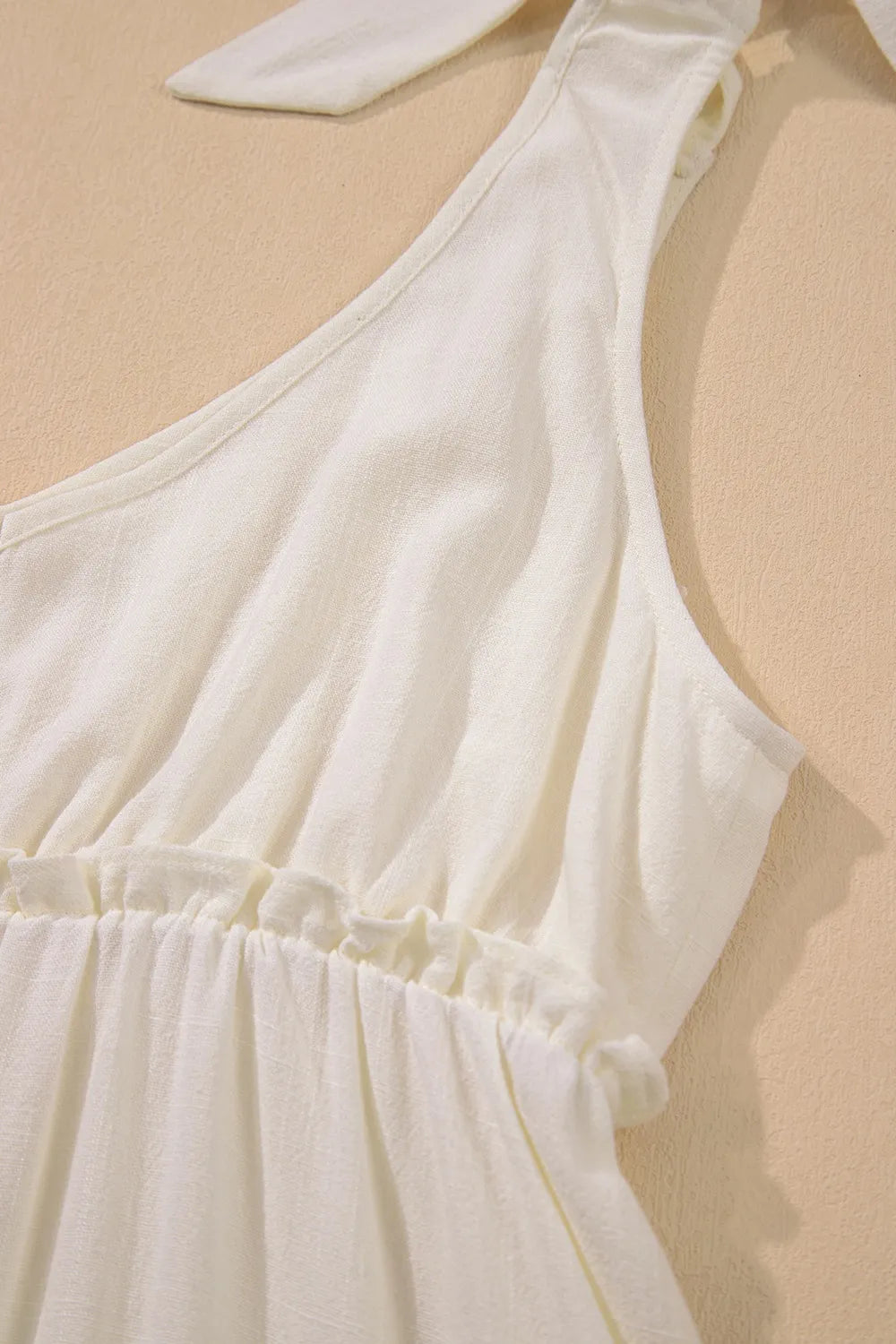 Solid Color Tied Straps Ruffle Tiered Mini Dress.