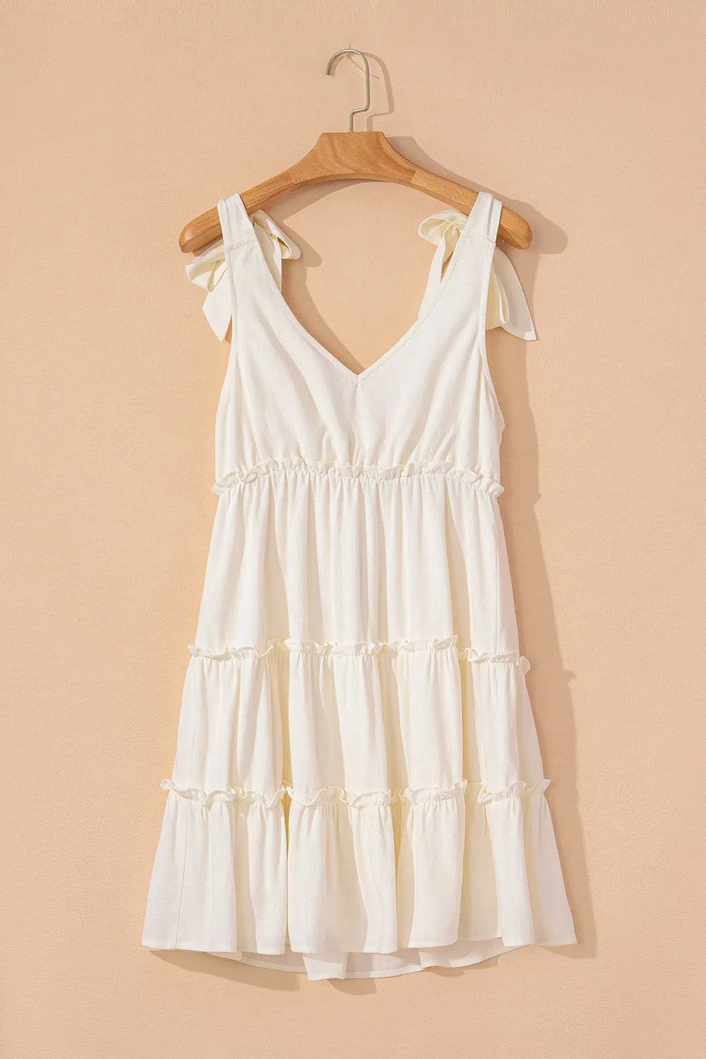 Solid Color Tied Straps Ruffle Tiered Mini Dress.