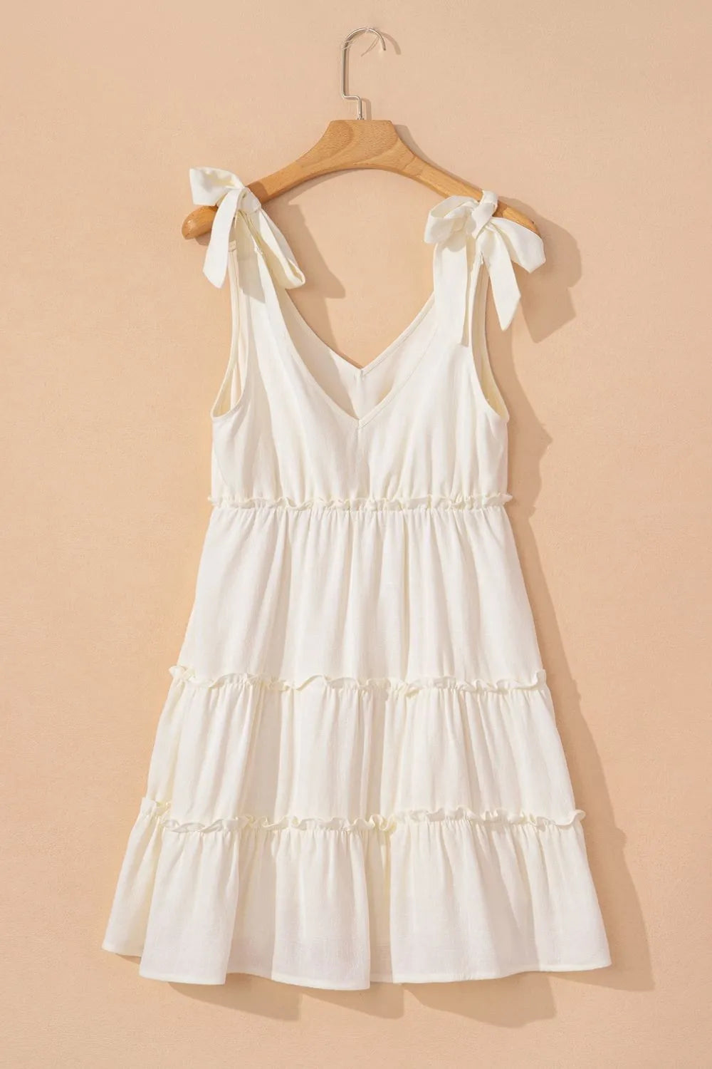 Solid Color Tied Straps Ruffle Tiered Mini Dress.