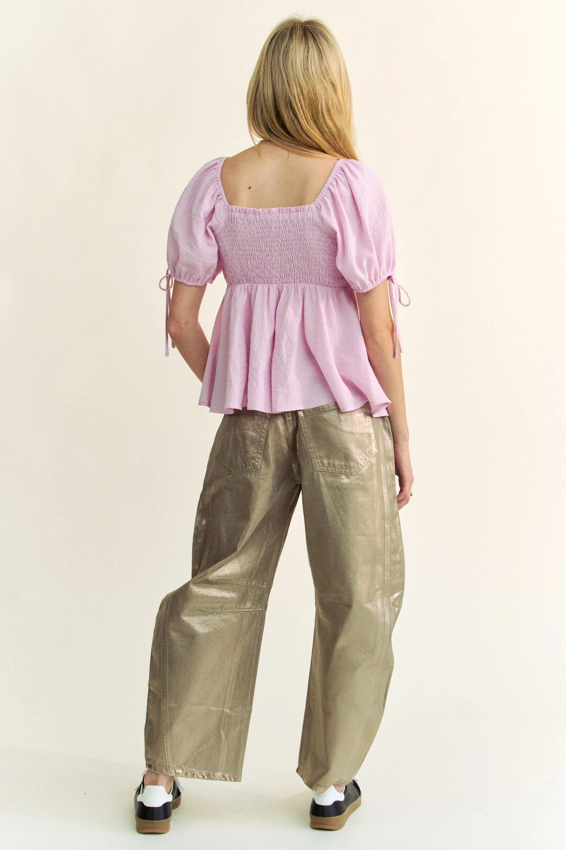 Davi Dani Solid Elastic Peplum Puffed Sleeves Blouse.