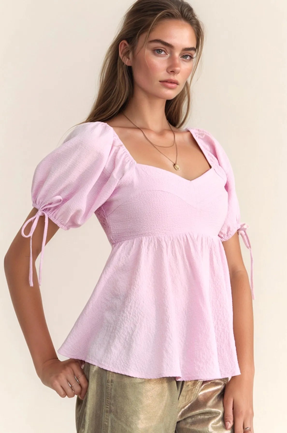 Davi Dani Solid Elastic Peplum Puffed Sleeves Blouse.