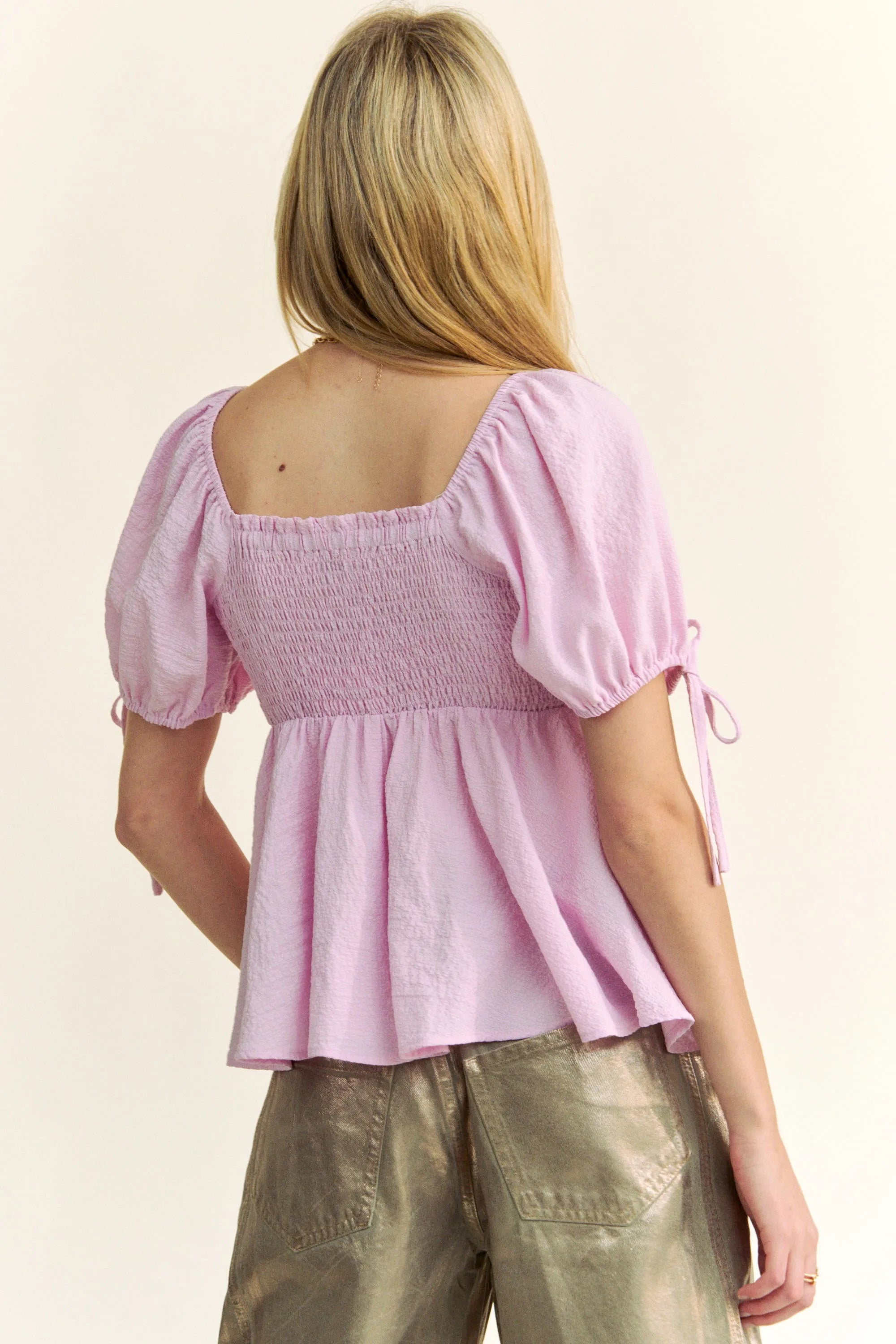 Davi Dani Solid Elastic Peplum Puffed Sleeves Blouse.