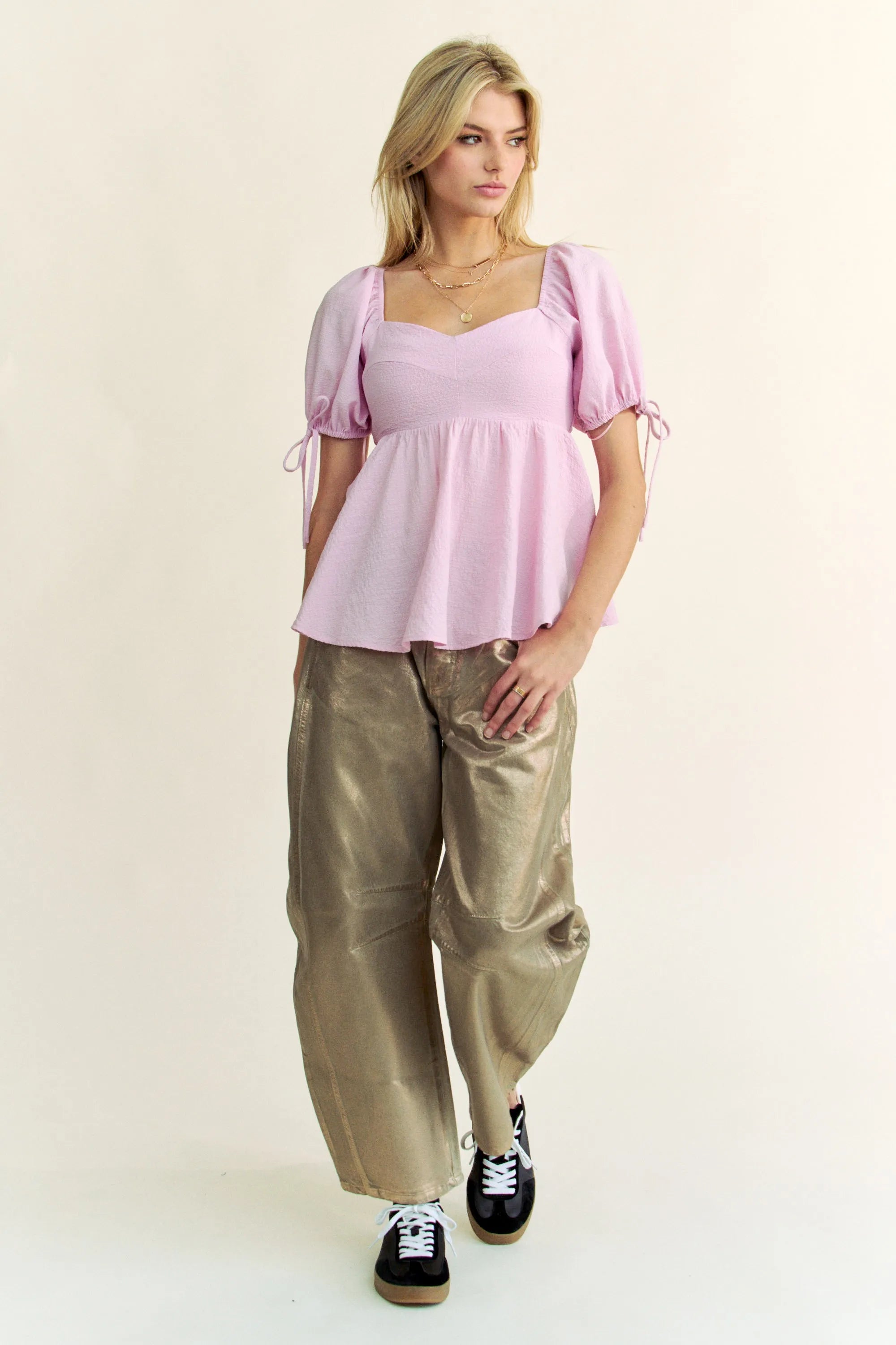 Davi Dani Solid Elastic Peplum Puffed Sleeves Blouse.
