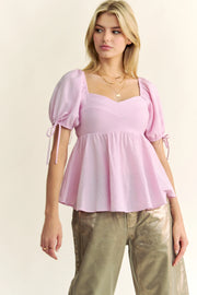 Davi Dani Solid Elastic Peplum Puffed Sleeves Blouse.