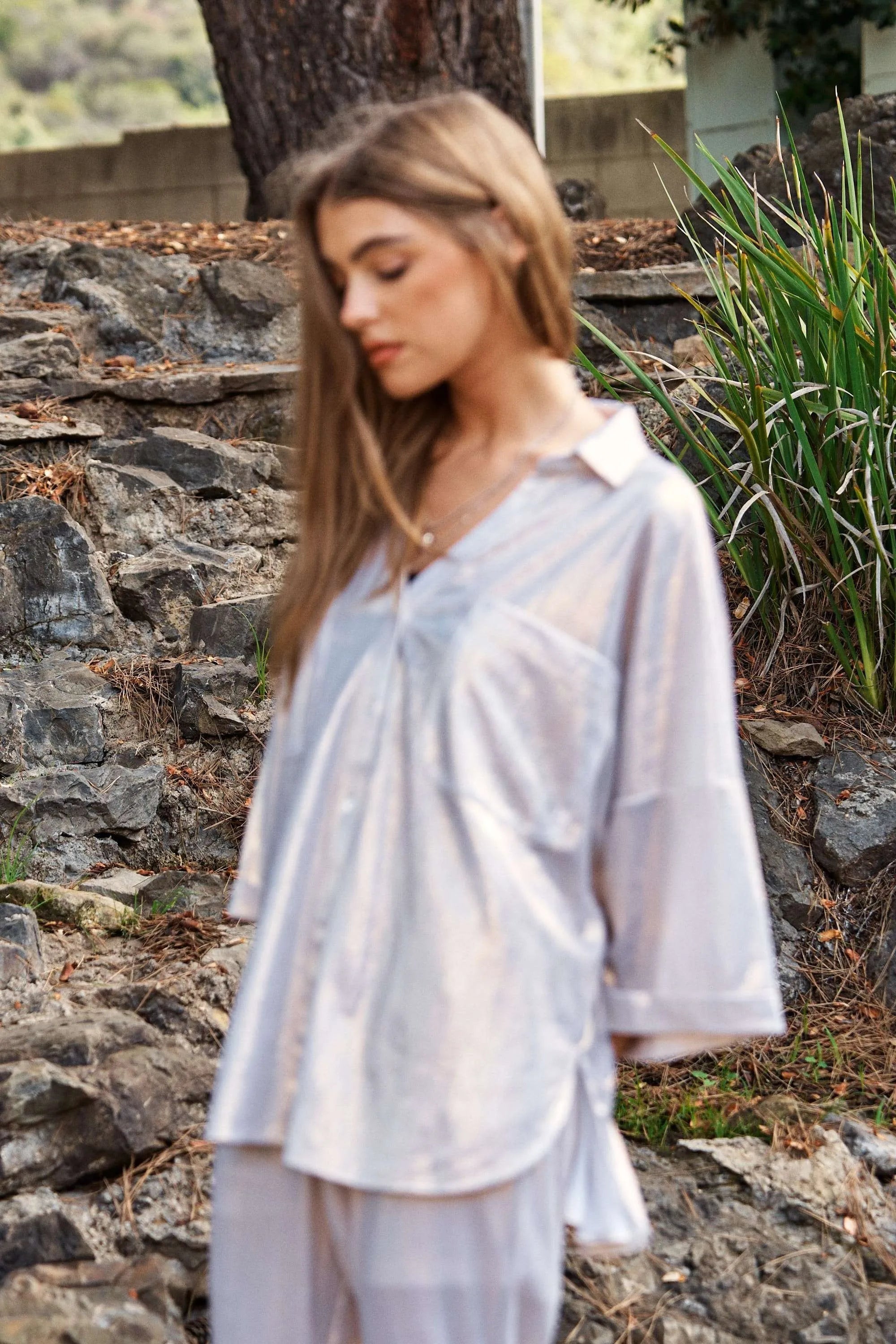 Davi Dani Solid Sparkling Shimmer Pocket Button Front Shirt.