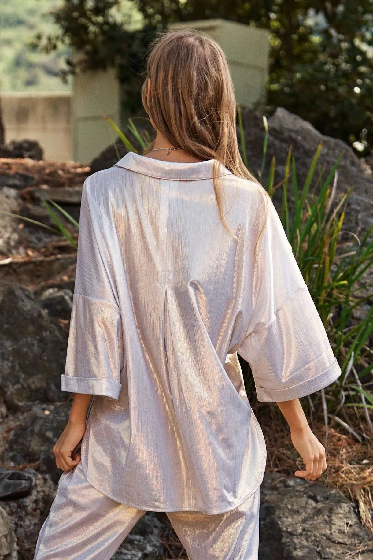 Davi Dani Solid Sparkling Shimmer Pocket Button Front Shirt.
