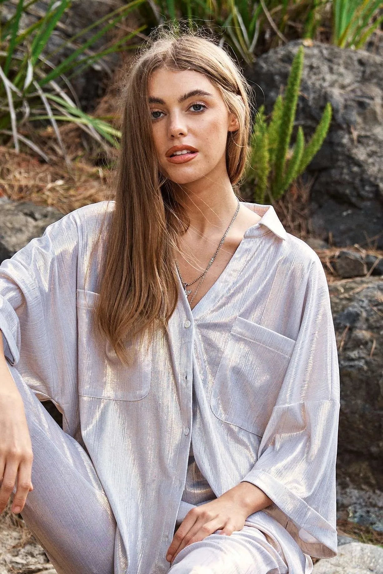 Davi Dani Solid Sparkling Shimmer Pocket Button Front Shirt.