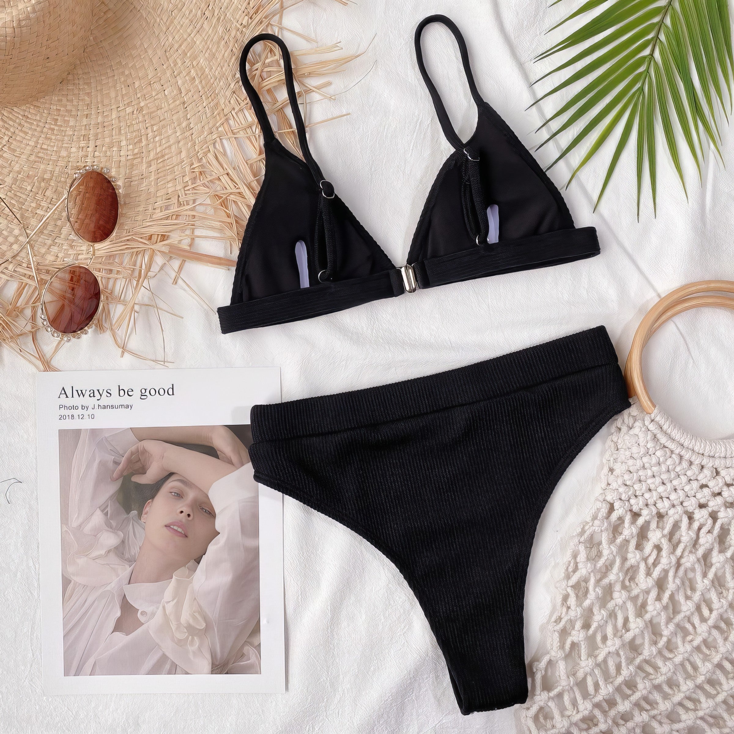 Solid ribbed spaghetti strap bikini set with mid-waist bottoms.
