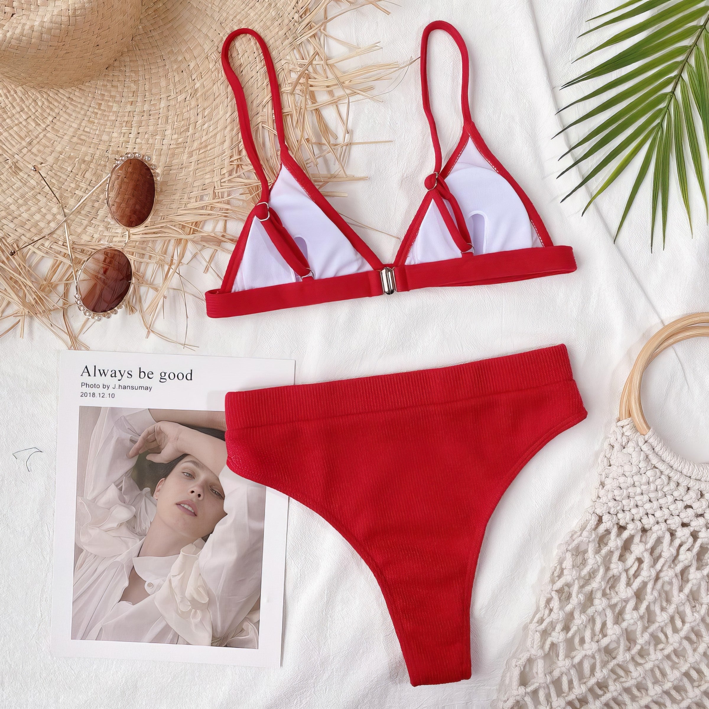 Solid ribbed spaghetti strap bikini set with mid-waist bottoms.