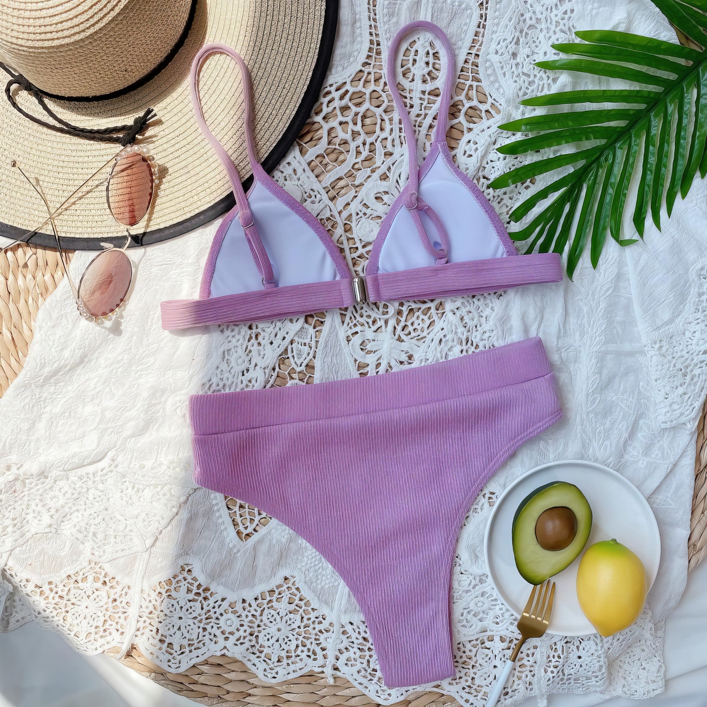 Solid ribbed spaghetti strap bikini set with mid-waist bottoms.