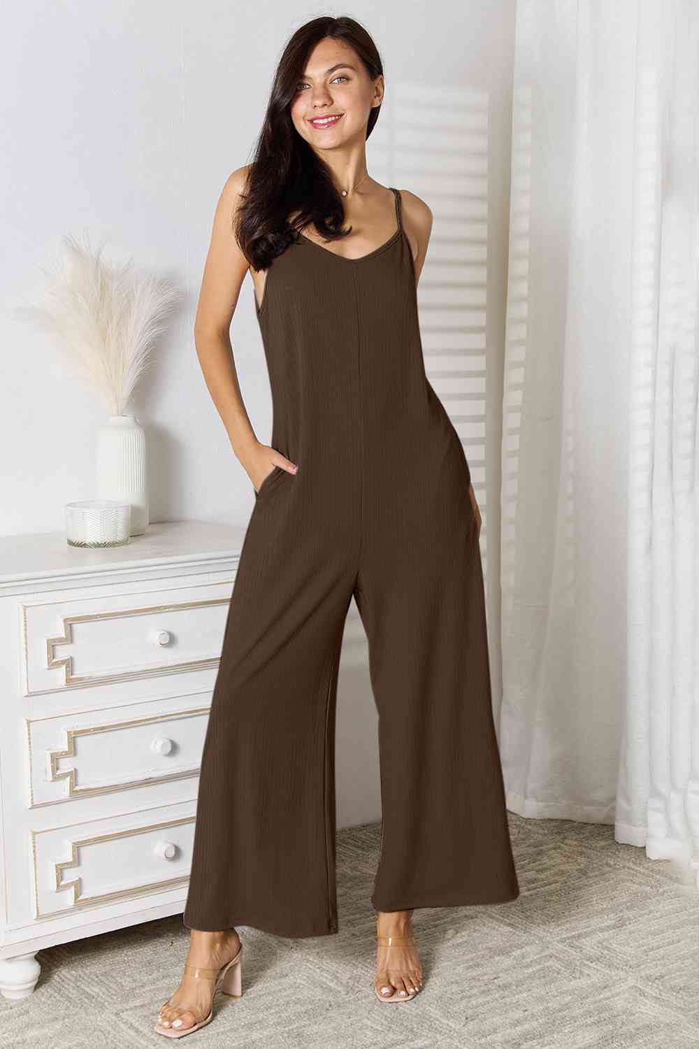 Spaghetti Strap V-Neck Jumpsuit with Pockets.