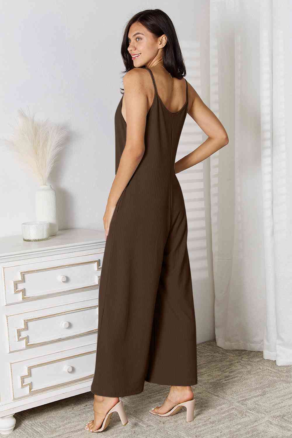 Spaghetti Strap V-Neck Jumpsuit with Pockets.