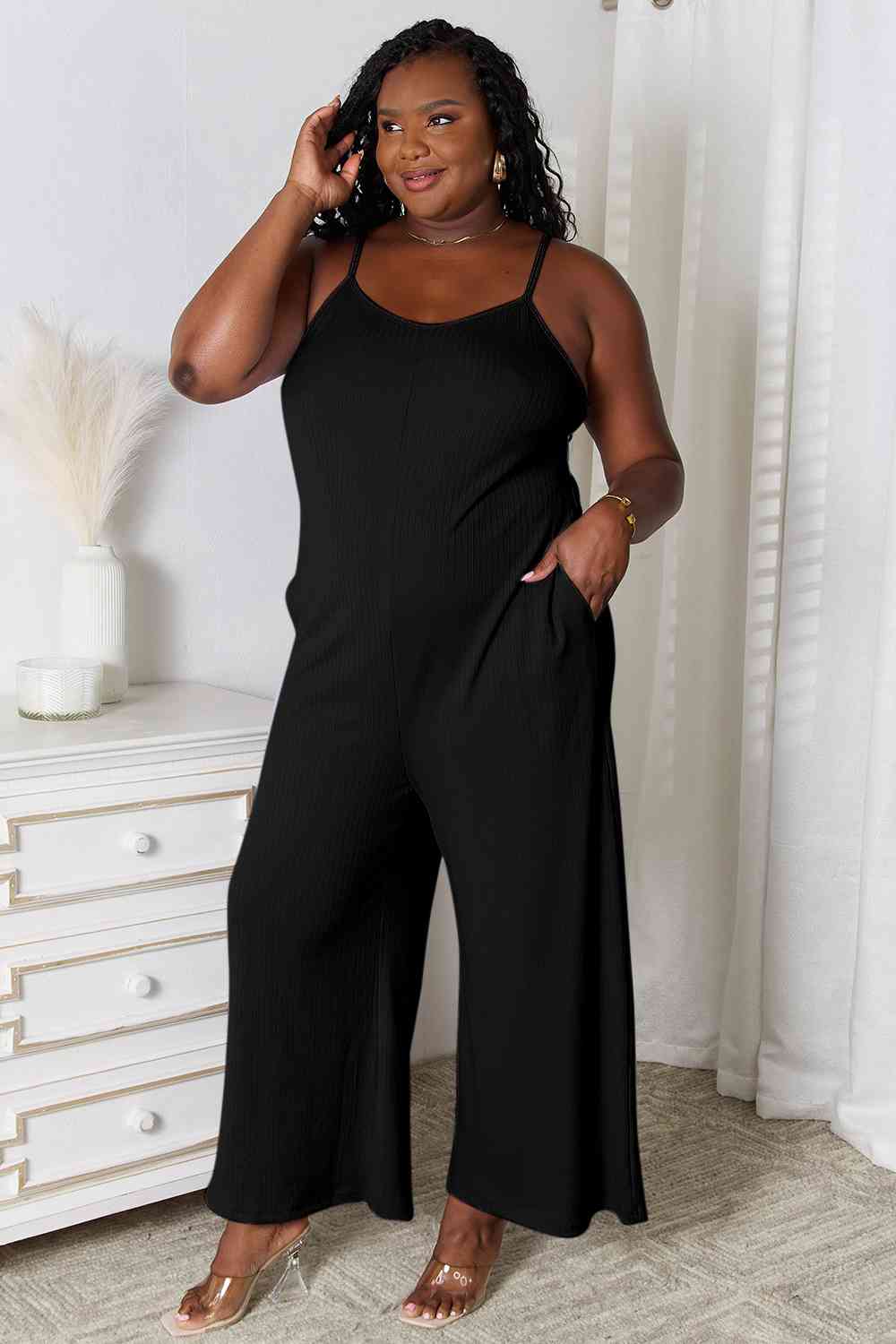 Spaghetti Strap V-Neck Jumpsuit with Pockets.