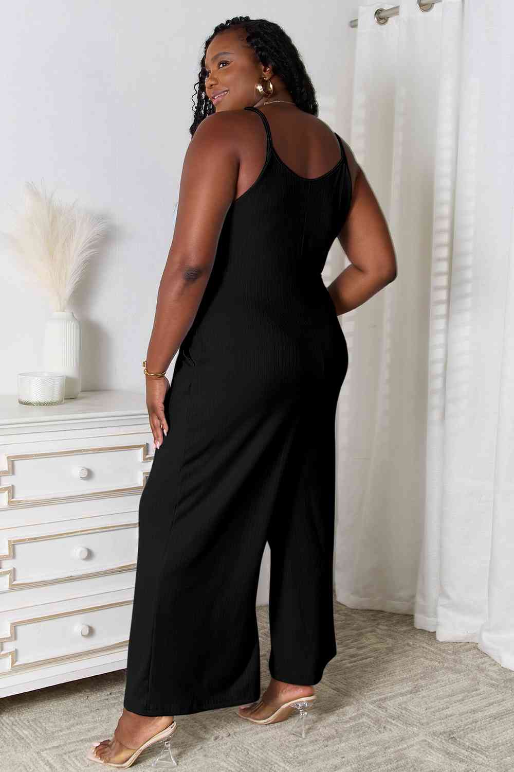 Spaghetti Strap V-Neck Jumpsuit with Pockets.